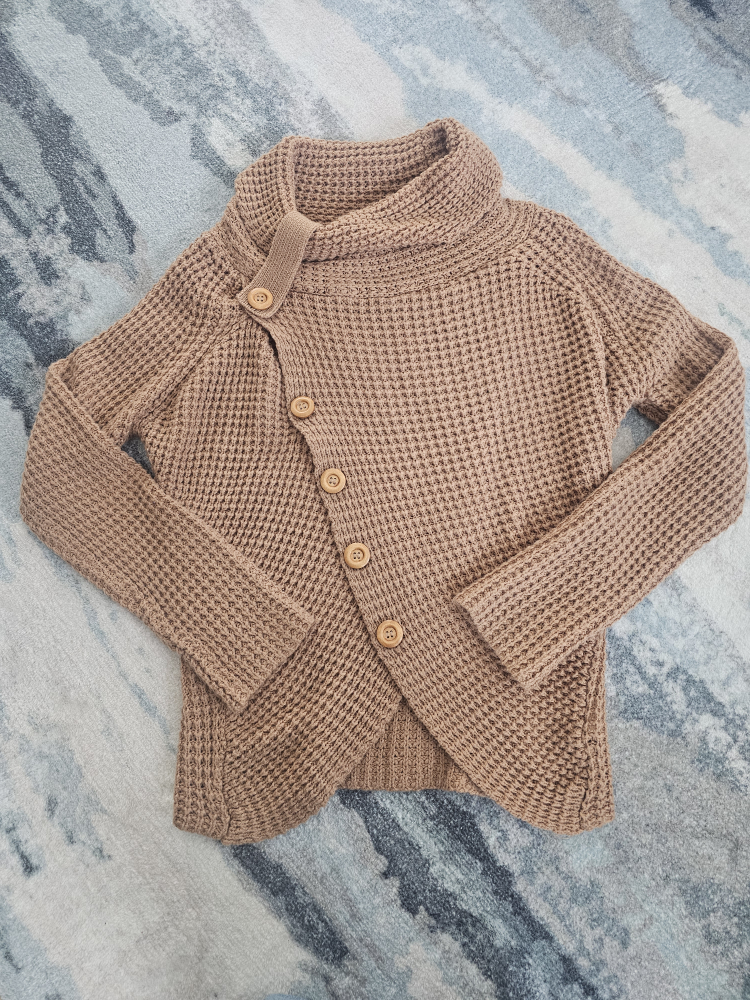 Brown Waffle Knit Asymmetrical Cardigan Sweater