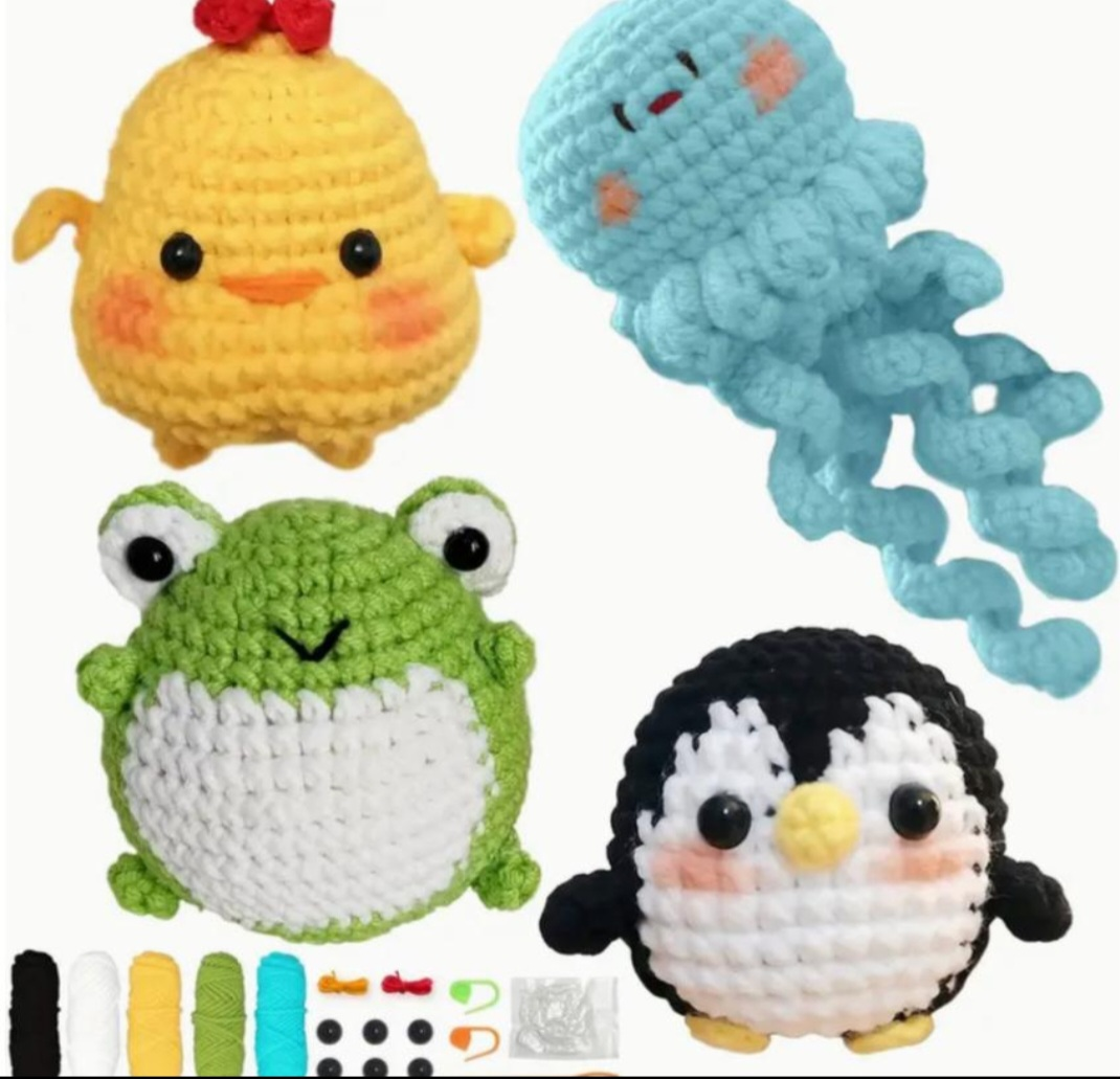 DIY Crochet Kit: 4 Animals (Chick, Frog, Penguin and Jellyfish)