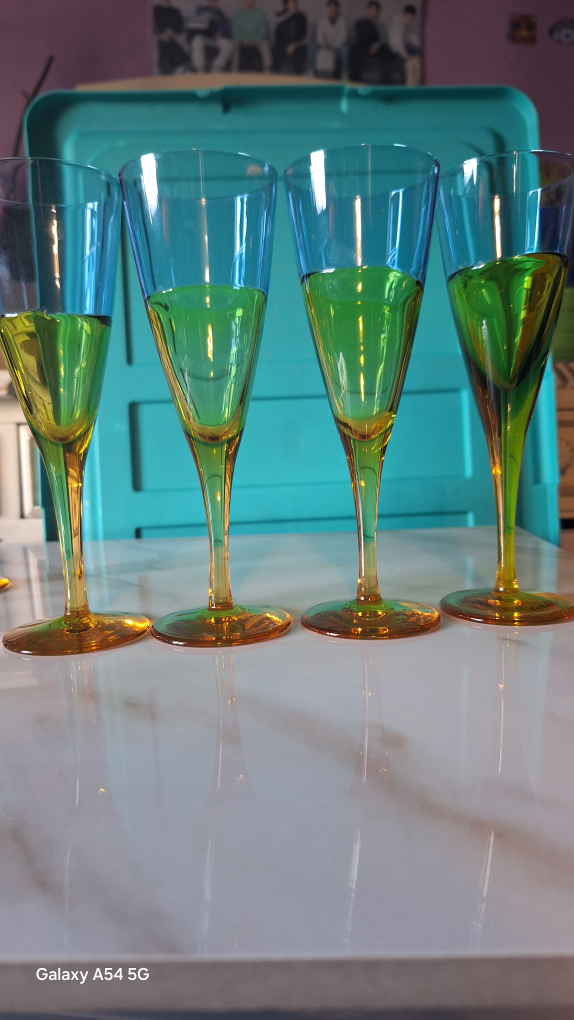 Set of Six Vintage Champagne Glasses, Two-Toned Amber and Blue