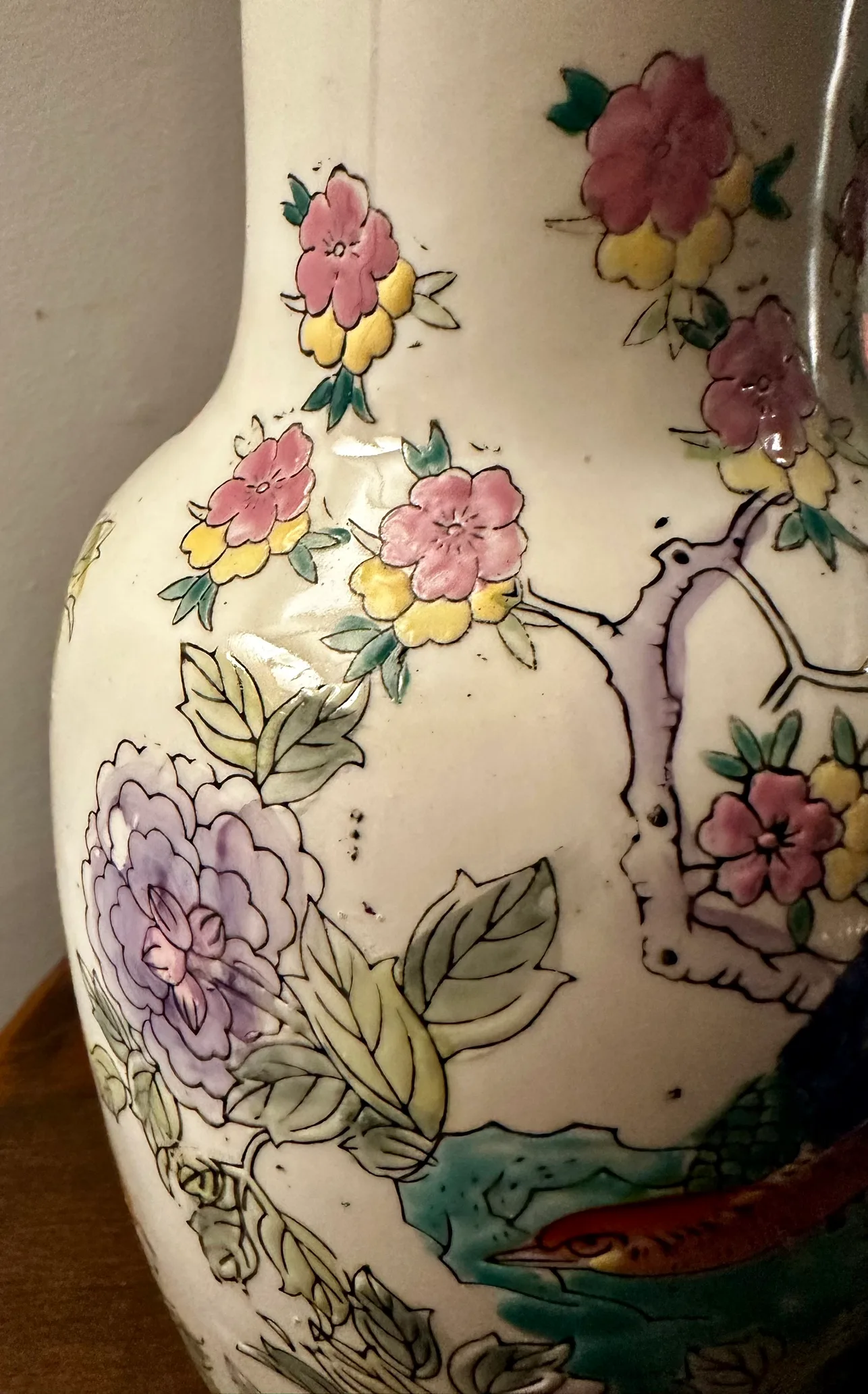 Vintage Porcelain Vase with Floral and Bird Design image indicator(4)