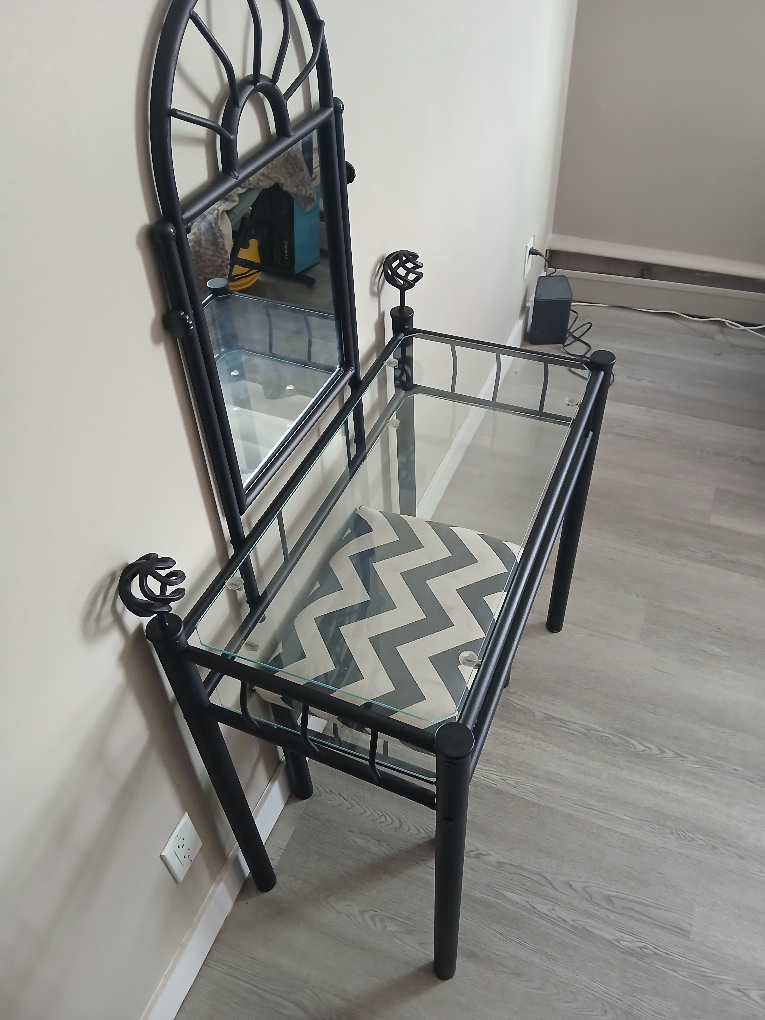 Black Metal Vanity Set with Glass Top and Stool - photo 4