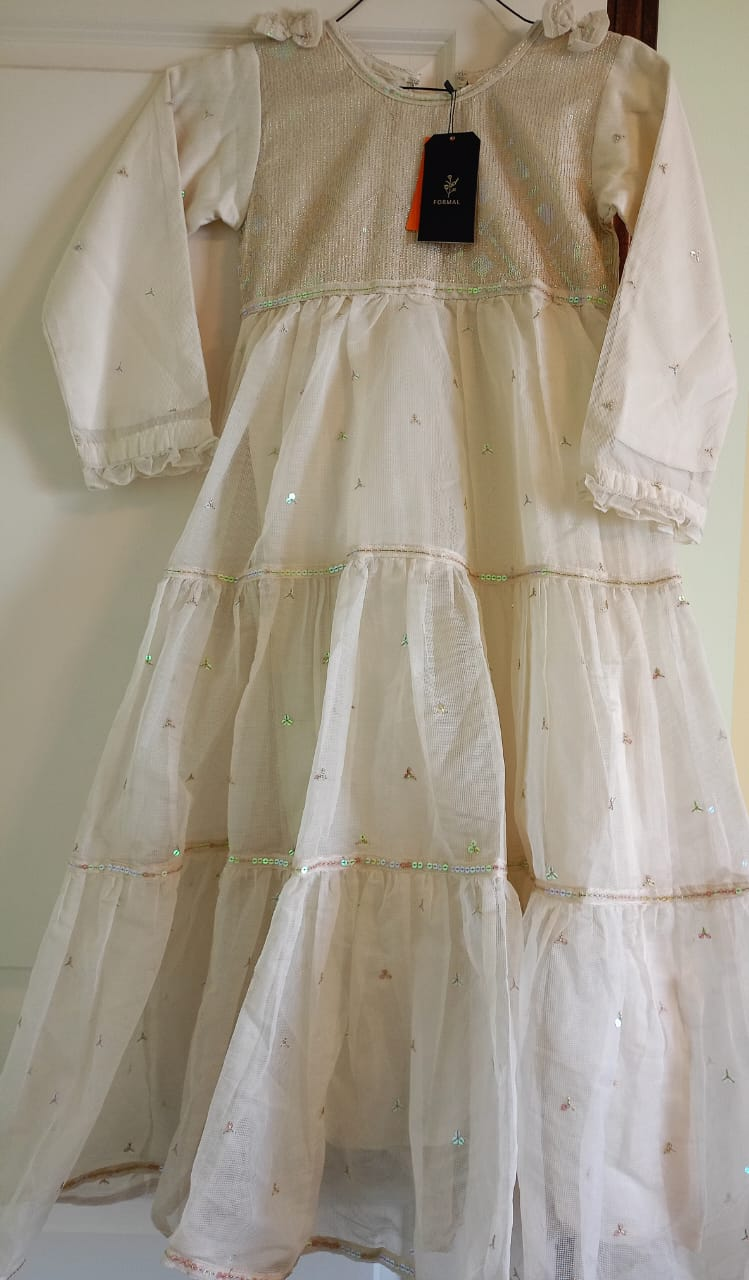 Girls' Formal Cream-Colored Tiered Dress with Sequins - photo 3