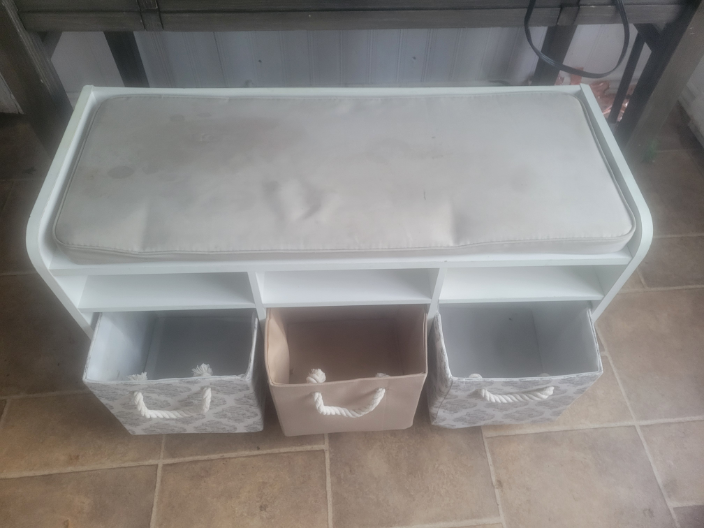 White Storage Bench with Cushioned Seat and Three Fabric Bins - photo 3