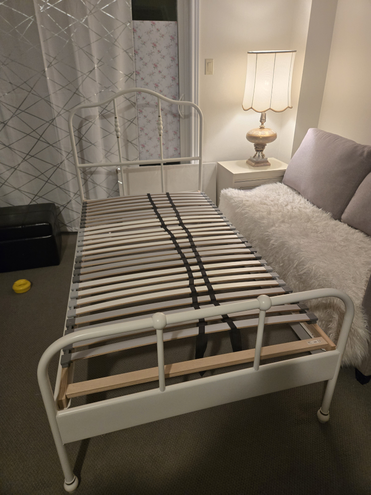 single white metal bed and mattress front IKEA - photo 2