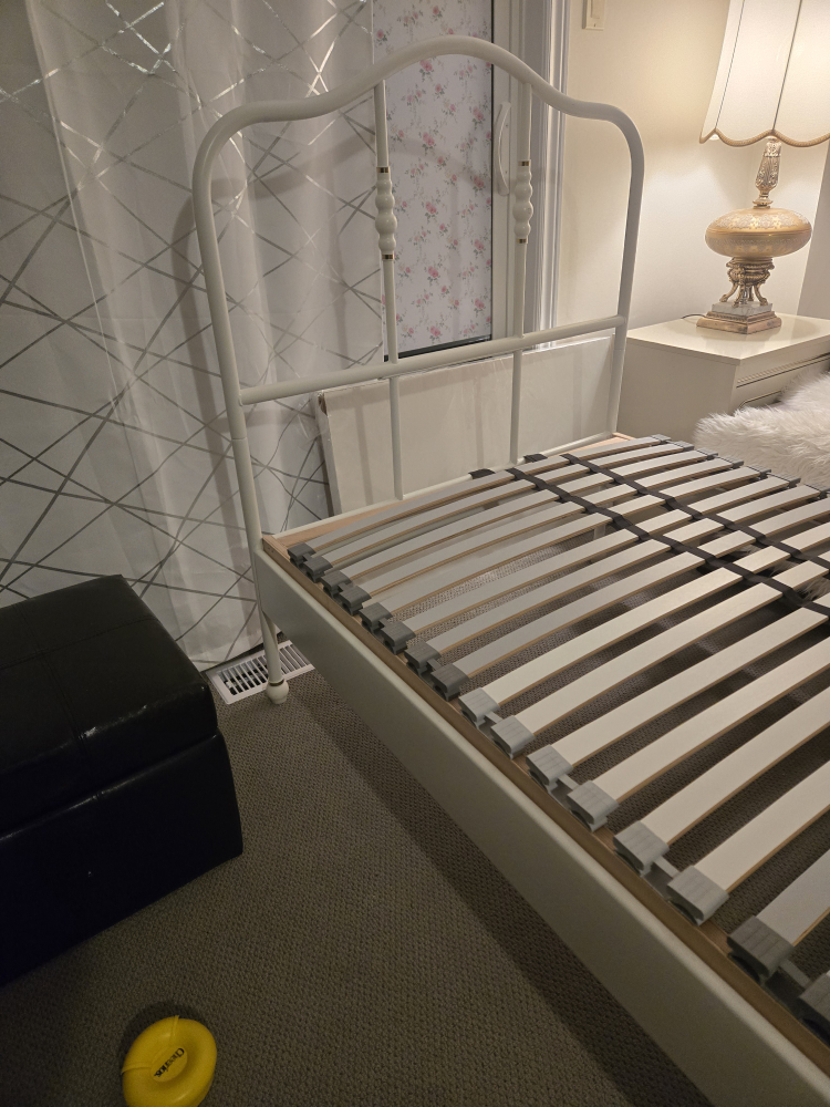 single white metal bed and mattress front IKEA - photo 3