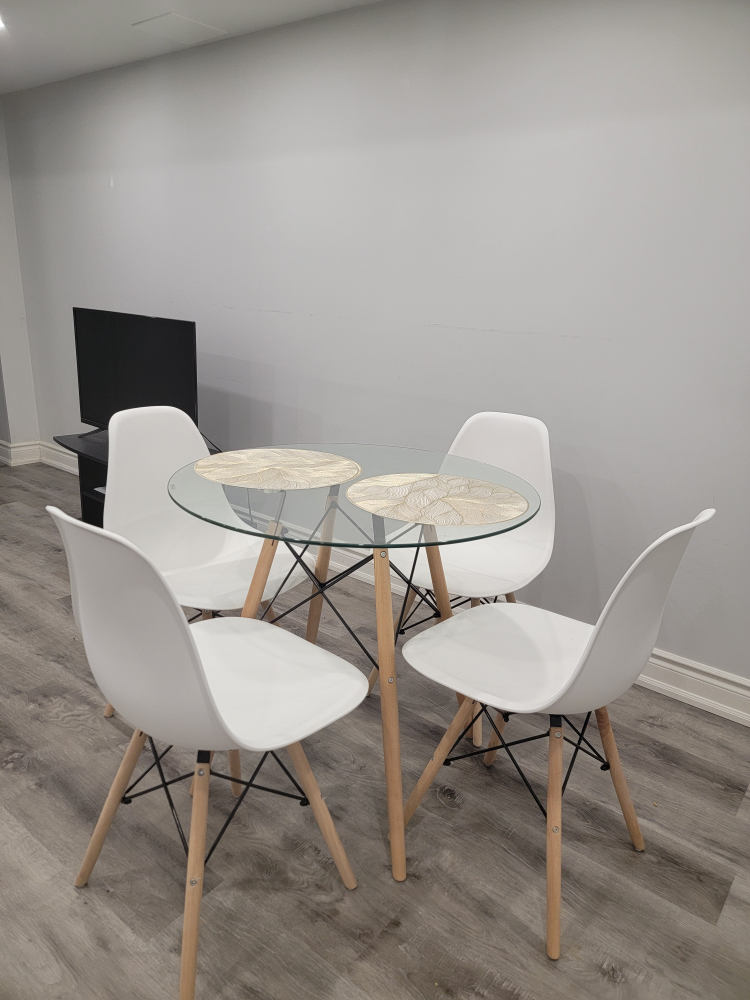 Glass Top Dining Table Set with Four White Chairs