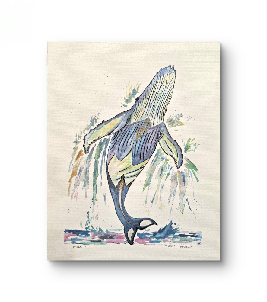 Unframed Watercolor Whale Painting "Breach!"