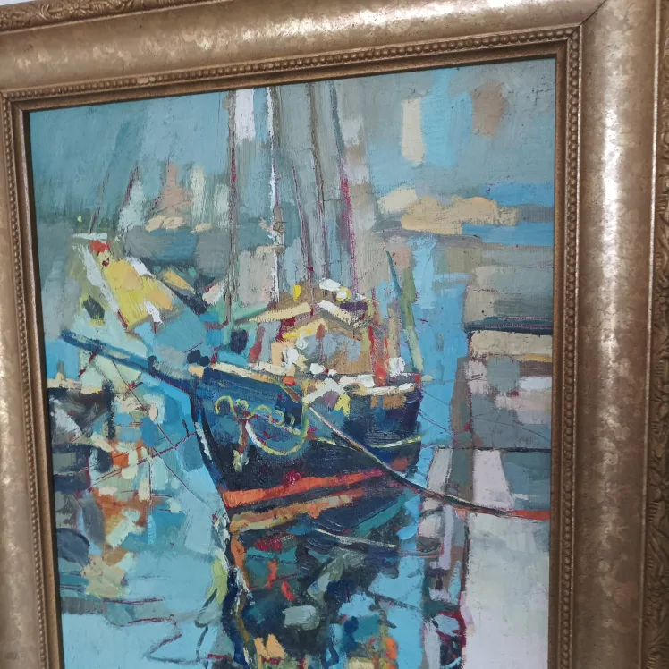 Framed Impressionist-Style Boat Painting image indicator(6)