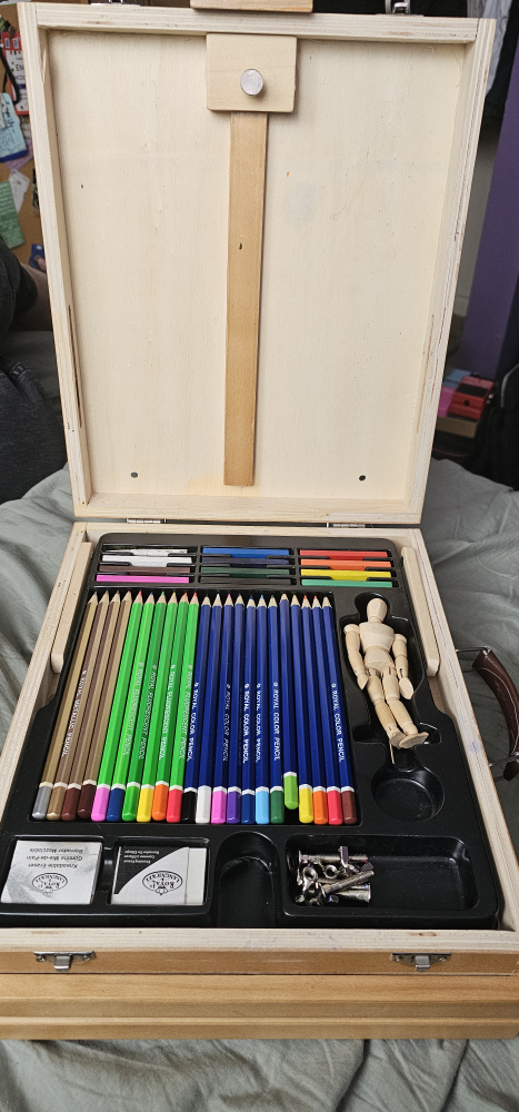Artist's Wooden Drawing Case with Pencils, Pastels, and More