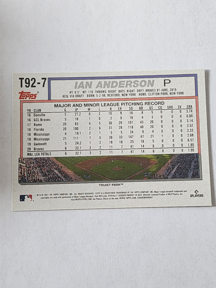 Ian Anderson Topps Baseball Card #T92-7 Rookie Card 🏈 - photo 2