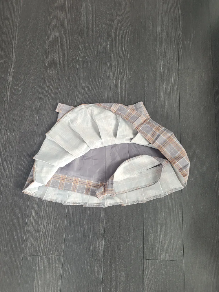 Grey and Orange Plaid Pleated Mini Skirt with Built in Shorts image indicator(2)