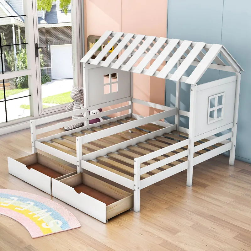 Kids' House-Shaped Twin-over-Twin Bed with Storage Drawers image indicator(5)