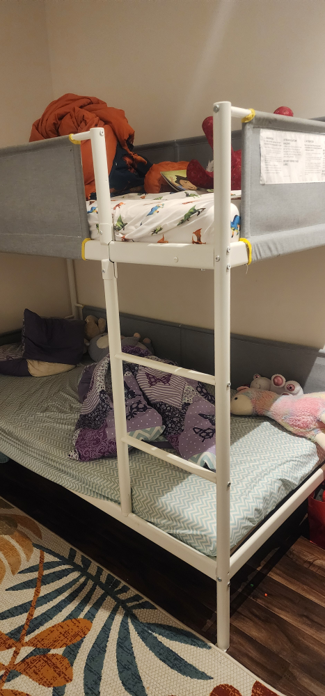 White Metal Bunk Bed with Grey Fabric Panels