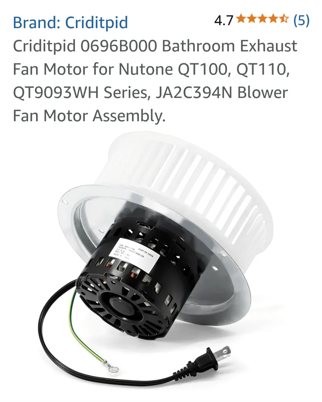 Bathroom EXHAUST FAN MOTOR, NUTONE QT100, QT110, QT9093WH Series image indicator(3)