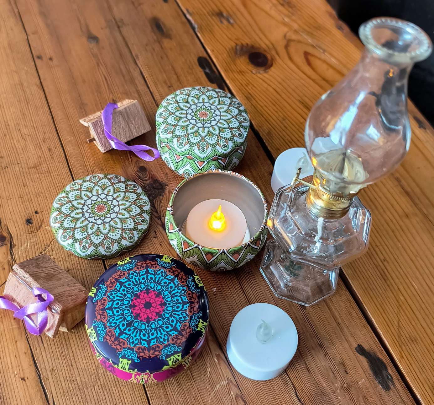 Three LED Candle Tins with Mandala Designs + Oil Lamp - photo 3