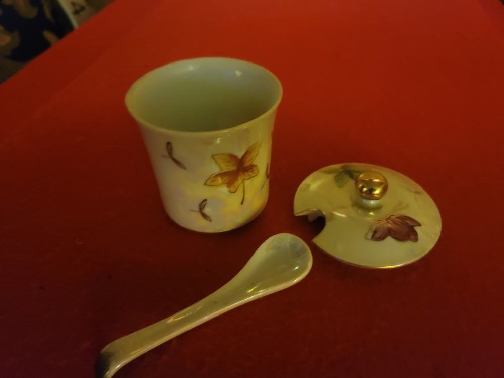 Vintage Porcelain Honey Pot with Lid and Spoon