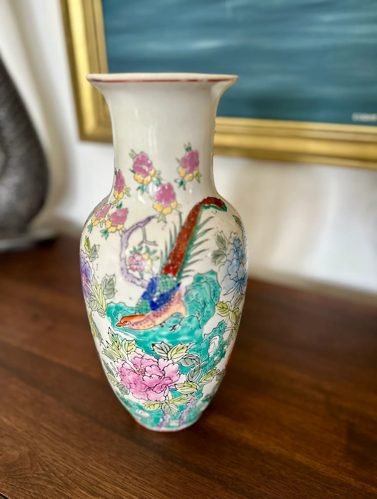 Vintage Porcelain Vase with Floral and Bird Design image indicator(2)