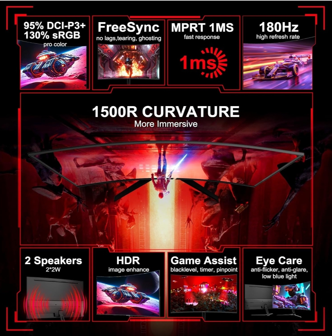 Sansui 27" 1500R Curved Gaming Monitor180Hz, 1ms Response Time - photo 2