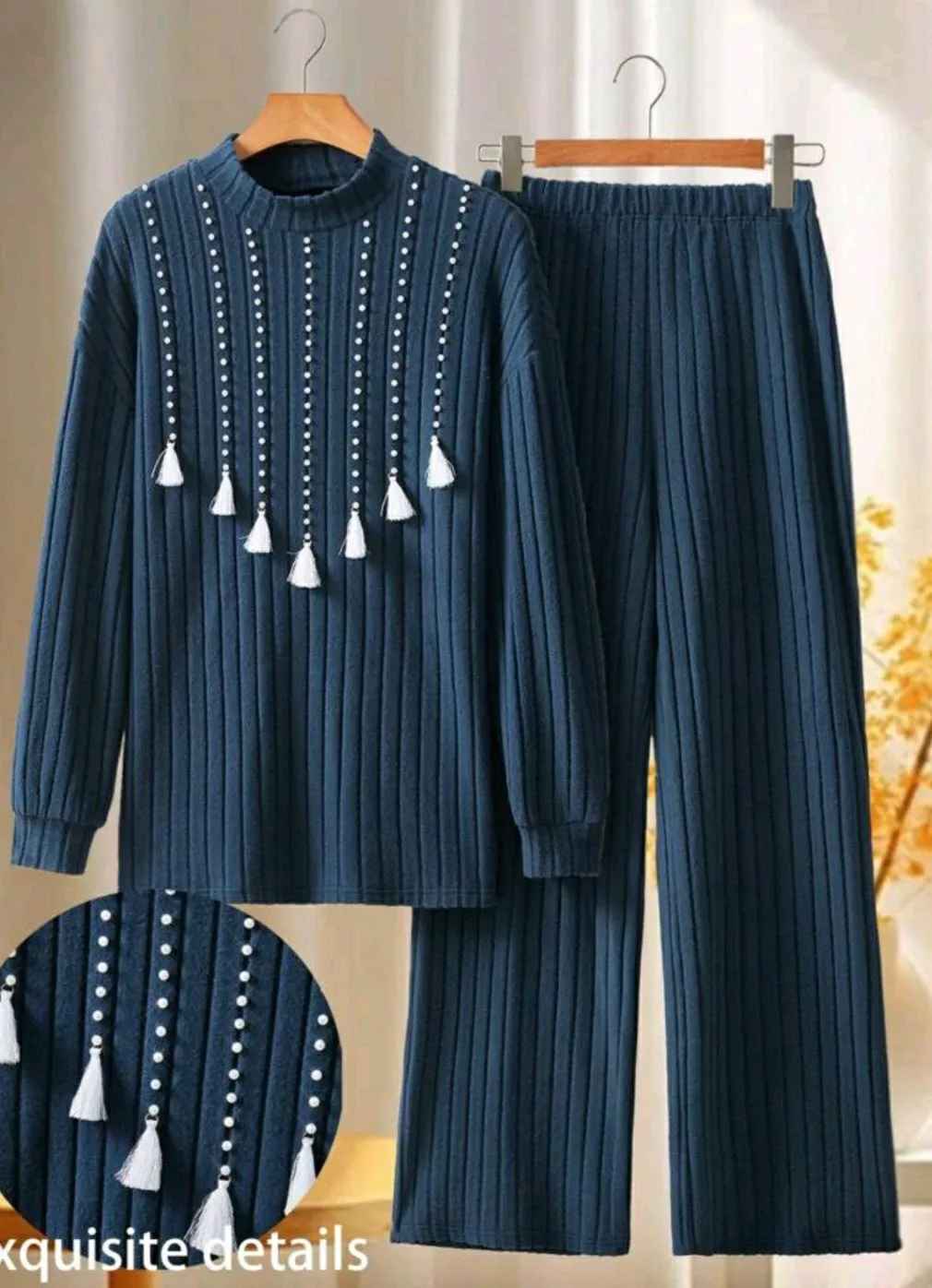 Navy Blue Ribbed Knit Two-Piece Set with Pearl and Tassel Detail thumbnail