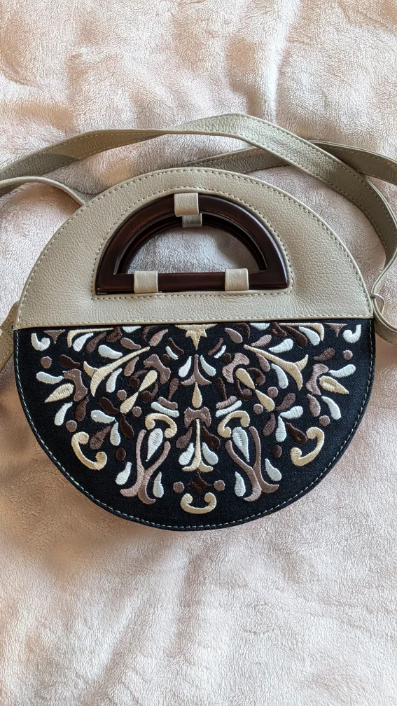 NEW Beige handmade leather embroidered mini round crossbody bag. image indicator(2)