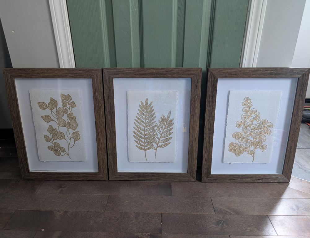 Set of 3 Gold Botanical Prints in Brown Frames