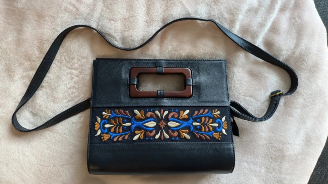 NEW Blue handmade leather embroidered crossbody bag. image indicator(3)