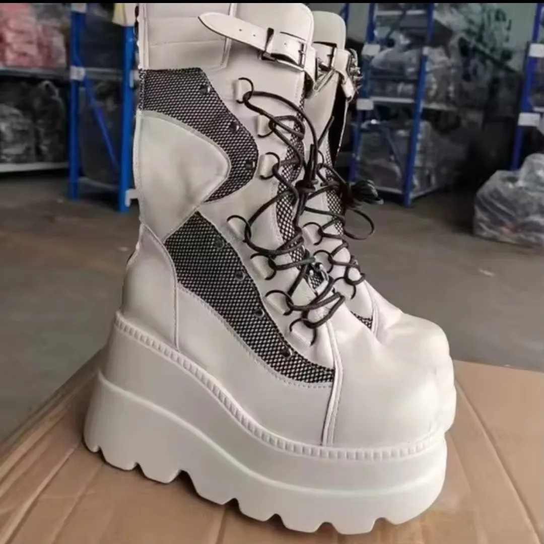 Y2K Cosplay Mid Calf Women's White Platform Lace-Up Boots image indicator(2)