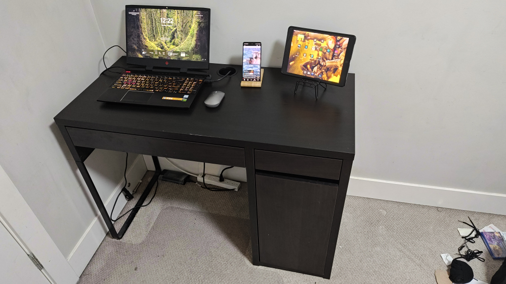 Dark Brown Computer Desk with Drawer, Cabinet & Chair