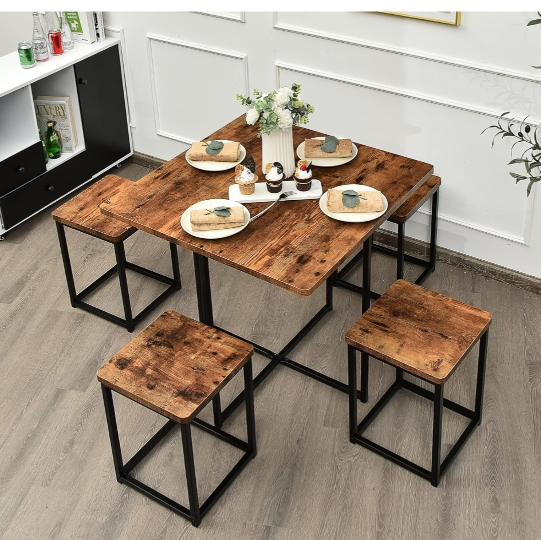 Rustic Square Dining Table Set with 4 Stools