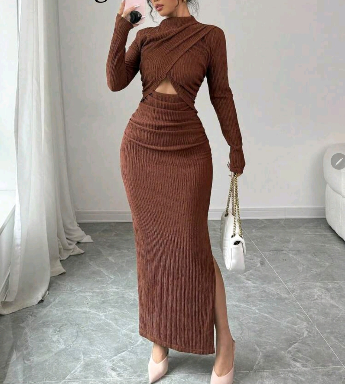 Brown Ribbed Knit Maxi Dress