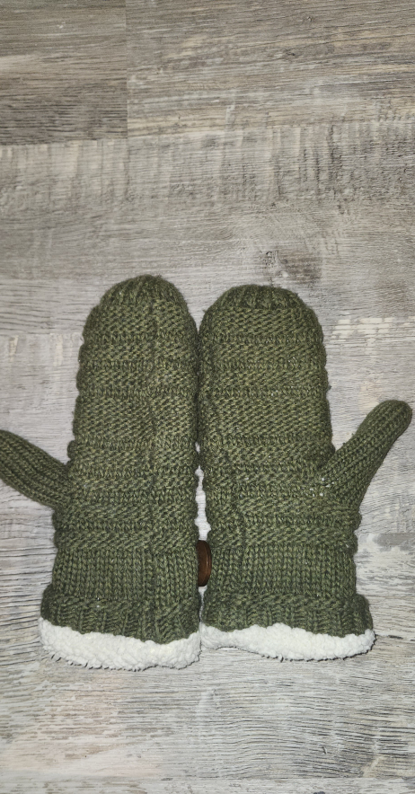 Olive Green Knit Mittens with Sherpa Lining