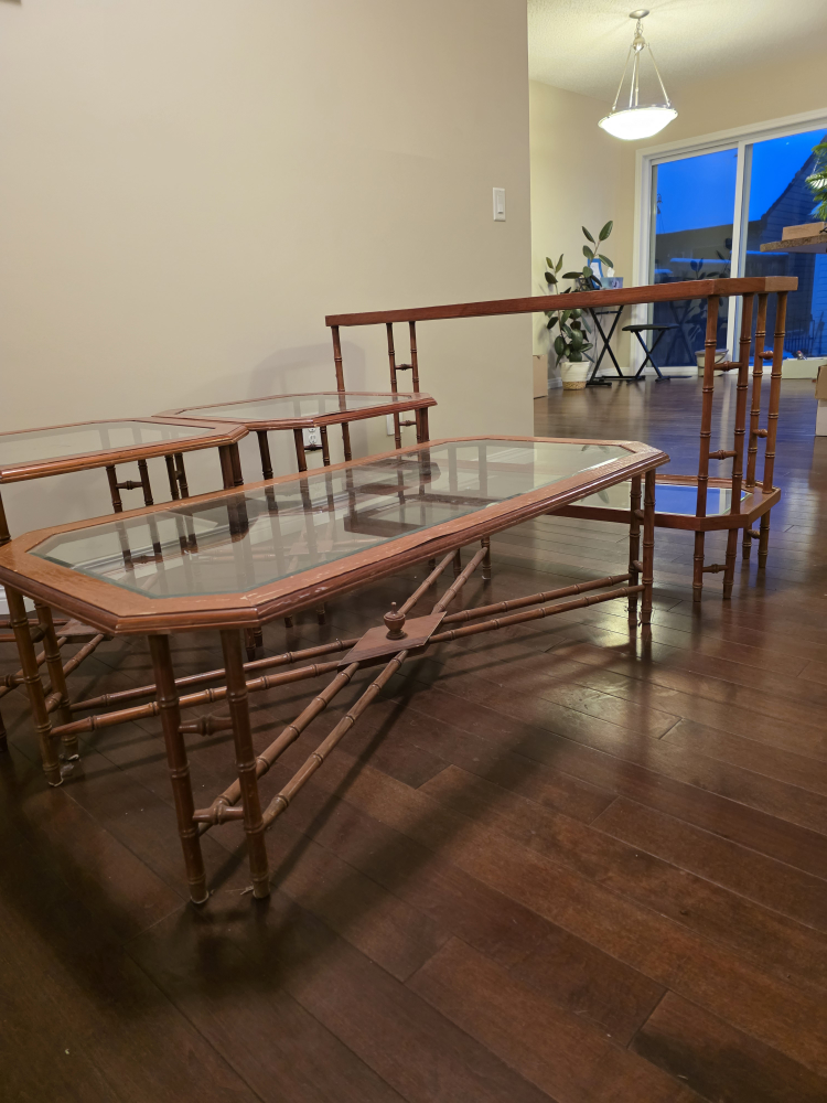 Vintage Bamboo & Glass Coffee Table Set - photo 2