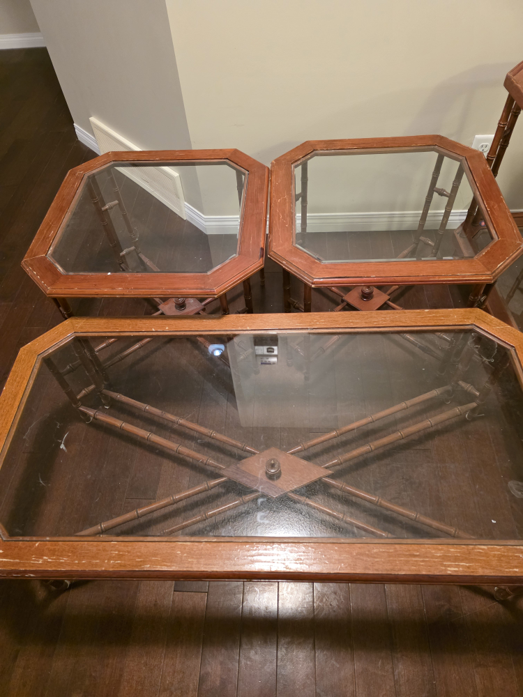 Vintage Bamboo & Glass Coffee Table Set - photo 4