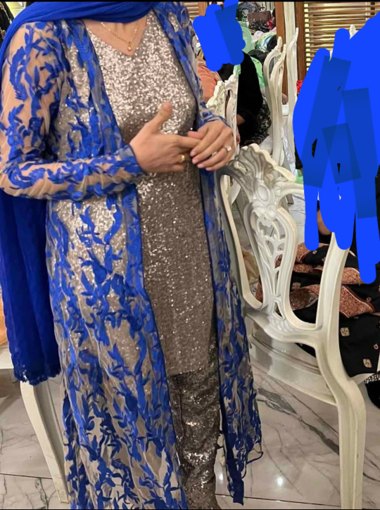 4 peice Stunning Sequin Suit with Royal Blue Embroidered uper