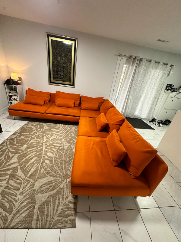 Orange Velvet L-Shaped Sectional Sofa