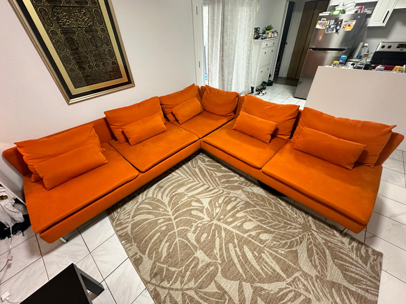Orange Velvet L-Shaped Sectional Sofa - photo 2