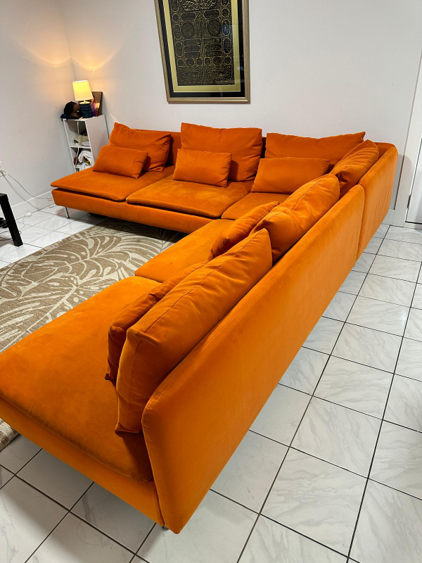 Orange Velvet L-Shaped Sectional Sofa - photo 3