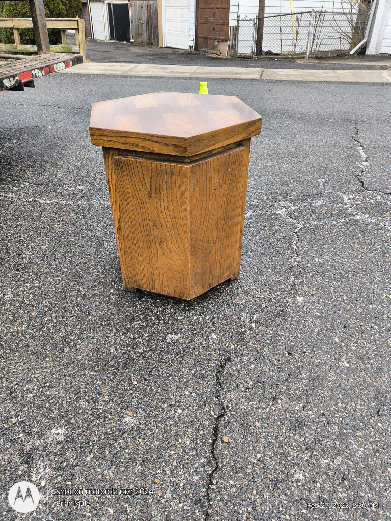 Vintage Hexagonal Wooden End Table with Cabinet
