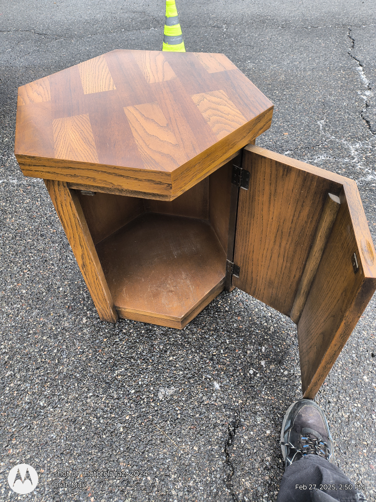 Vintage Hexagonal Wooden End Table with Cabinet - photo 2