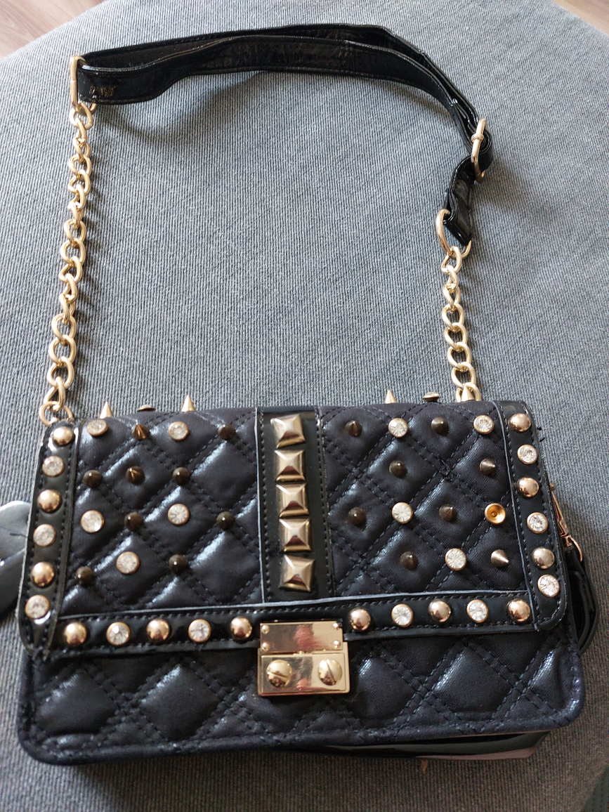 Black Quilted Crossbody Bag with Studs and Chain Strap