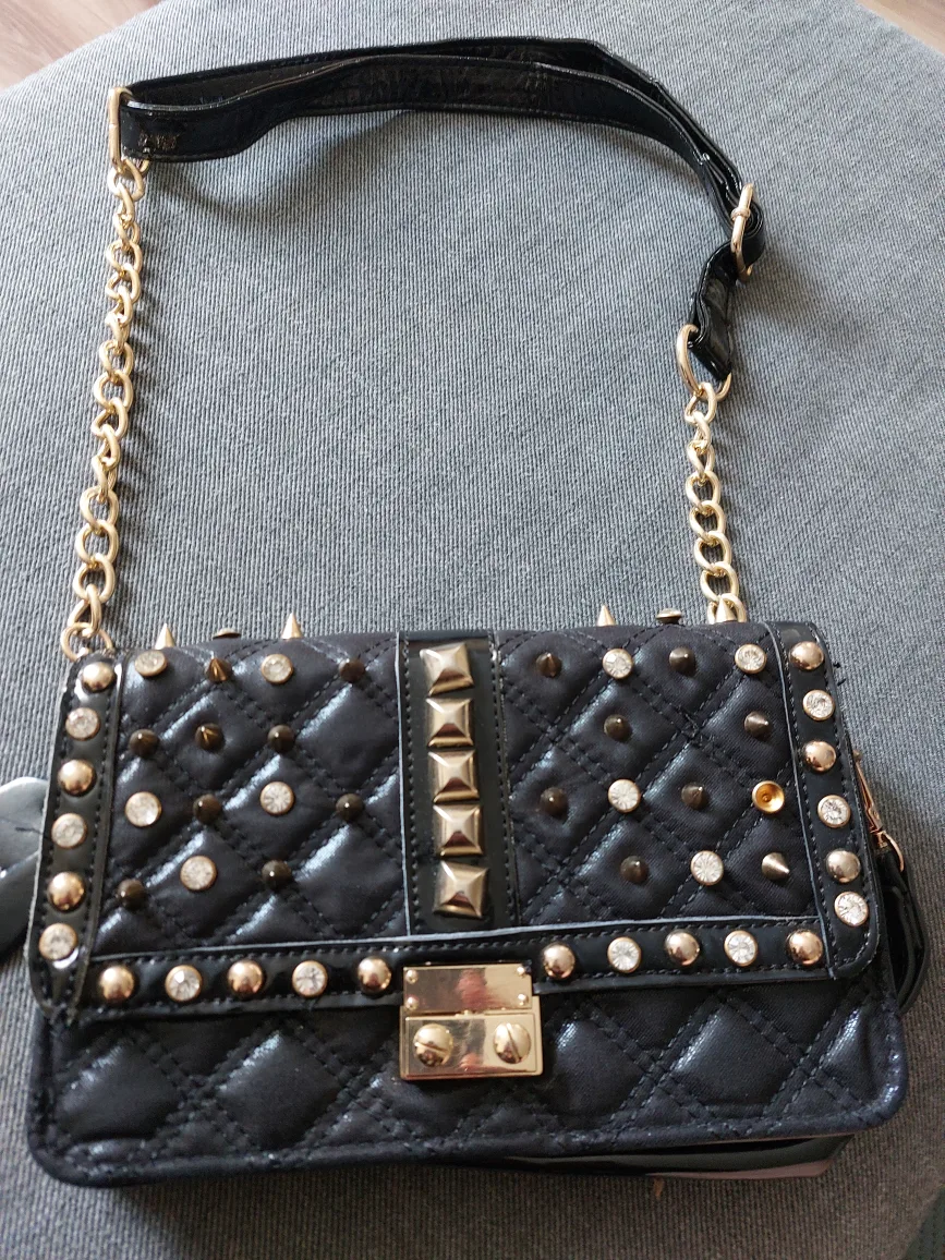 Black Quilted Crossbody Bag with Studs and Chain Strap thumbnail