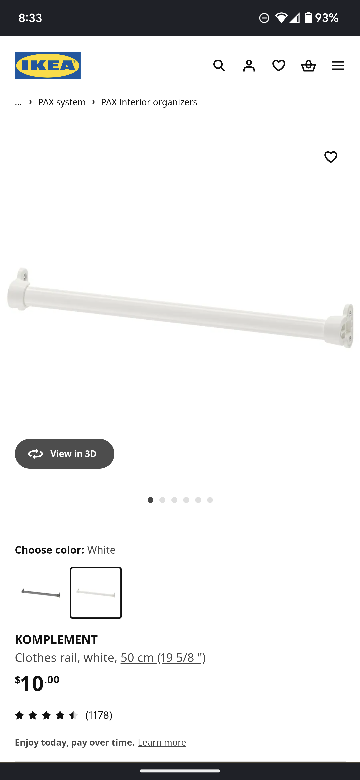 Ikea pax komplement 50cm clothes rail