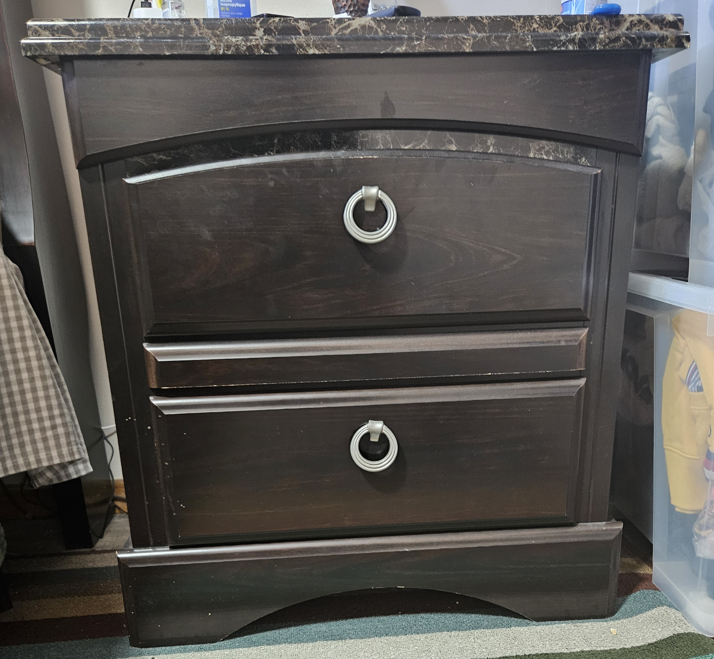Dark Brown Wooden Nightstand with Marble Top