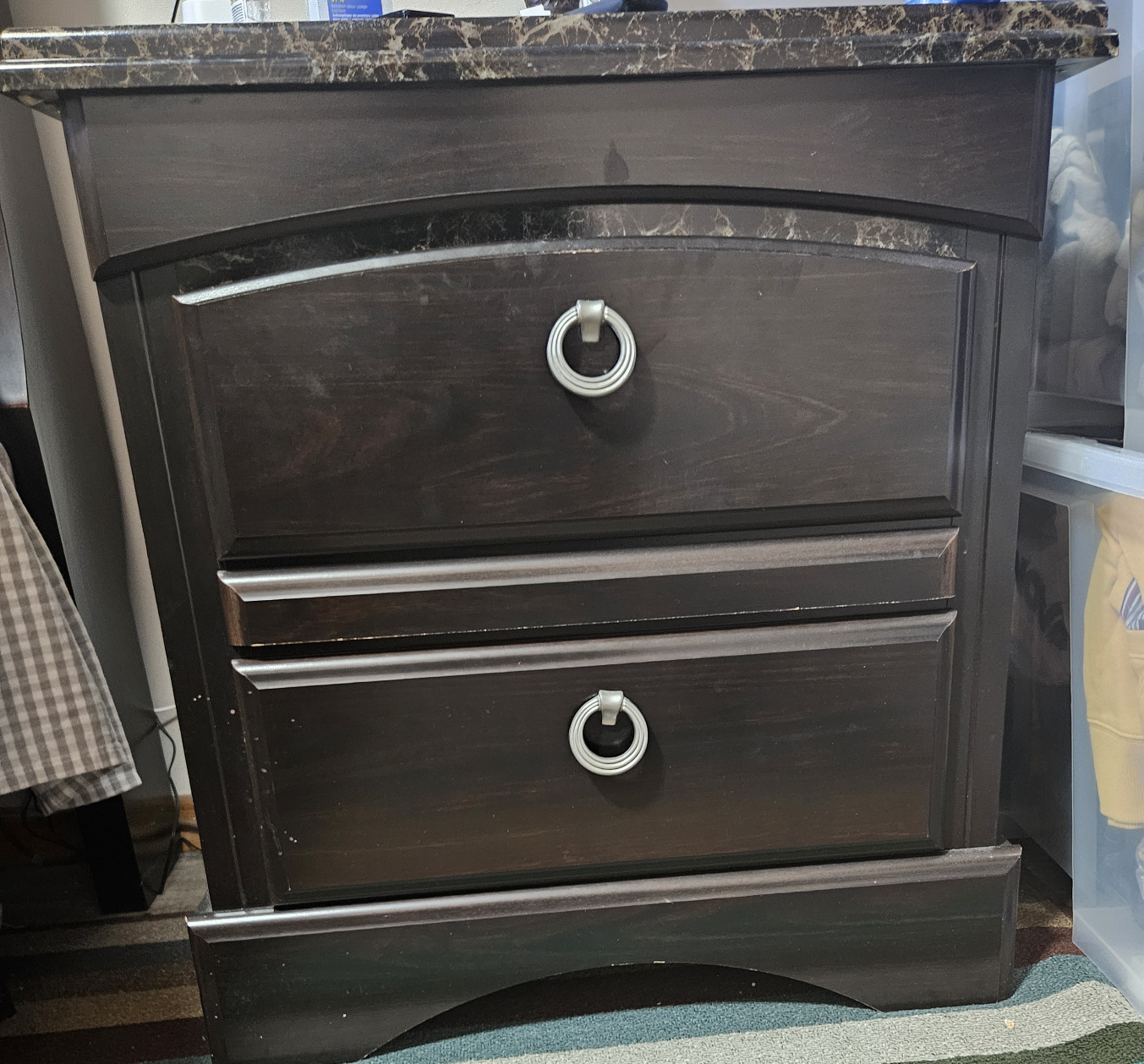 Dark Brown Wooden Nightstand with Marble Top - photo 2