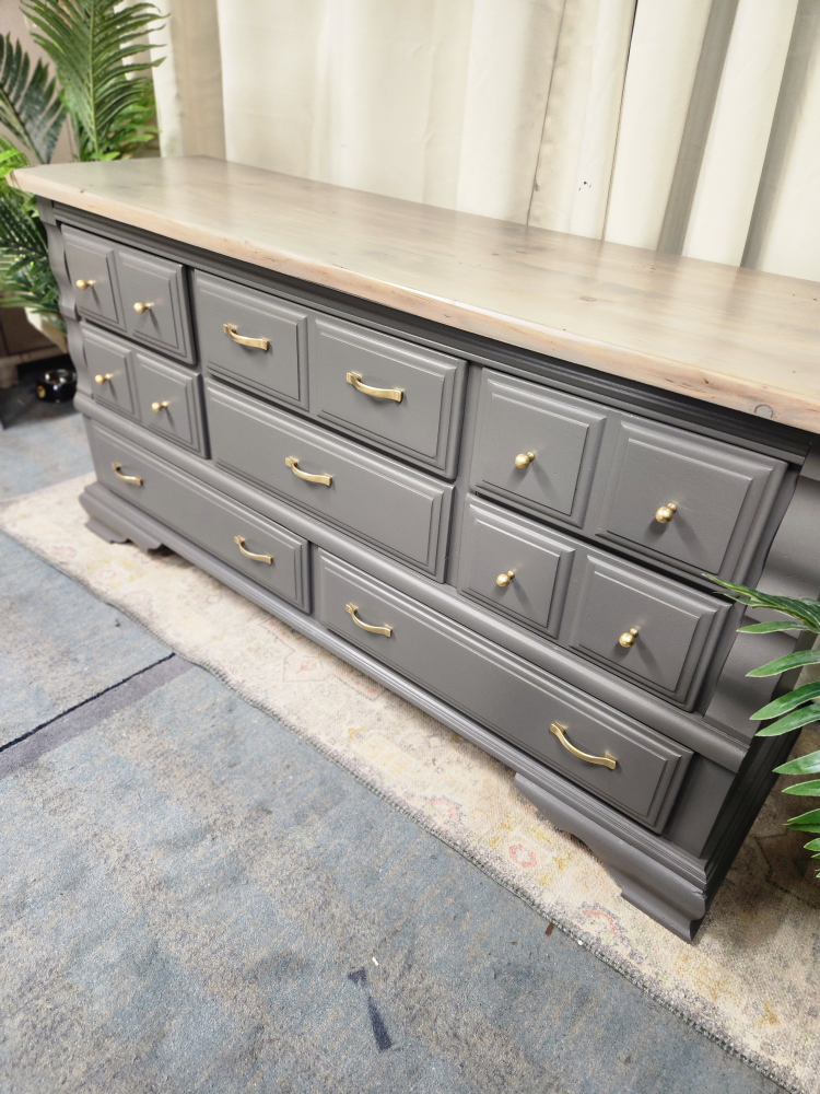 Gray dresser with light wood top - photo 3