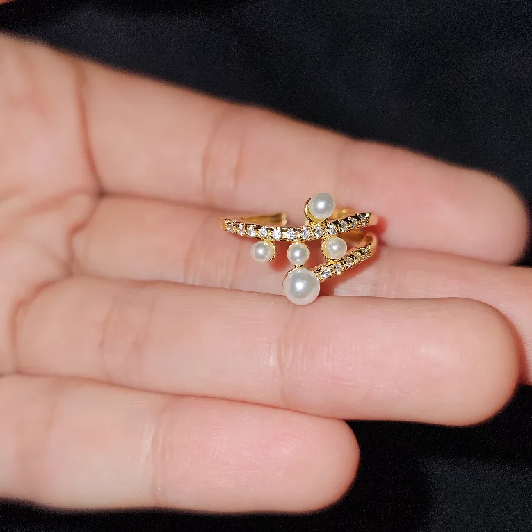 Elegant Pearl and CZ Gold Ring image indicator(2)