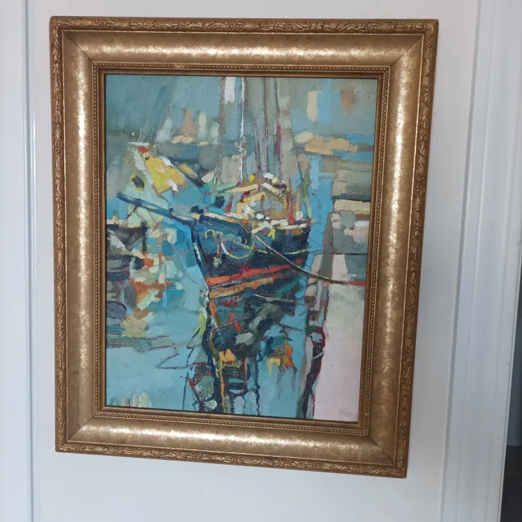 Framed Impressionist-Style Boat Painting image indicator(3)
