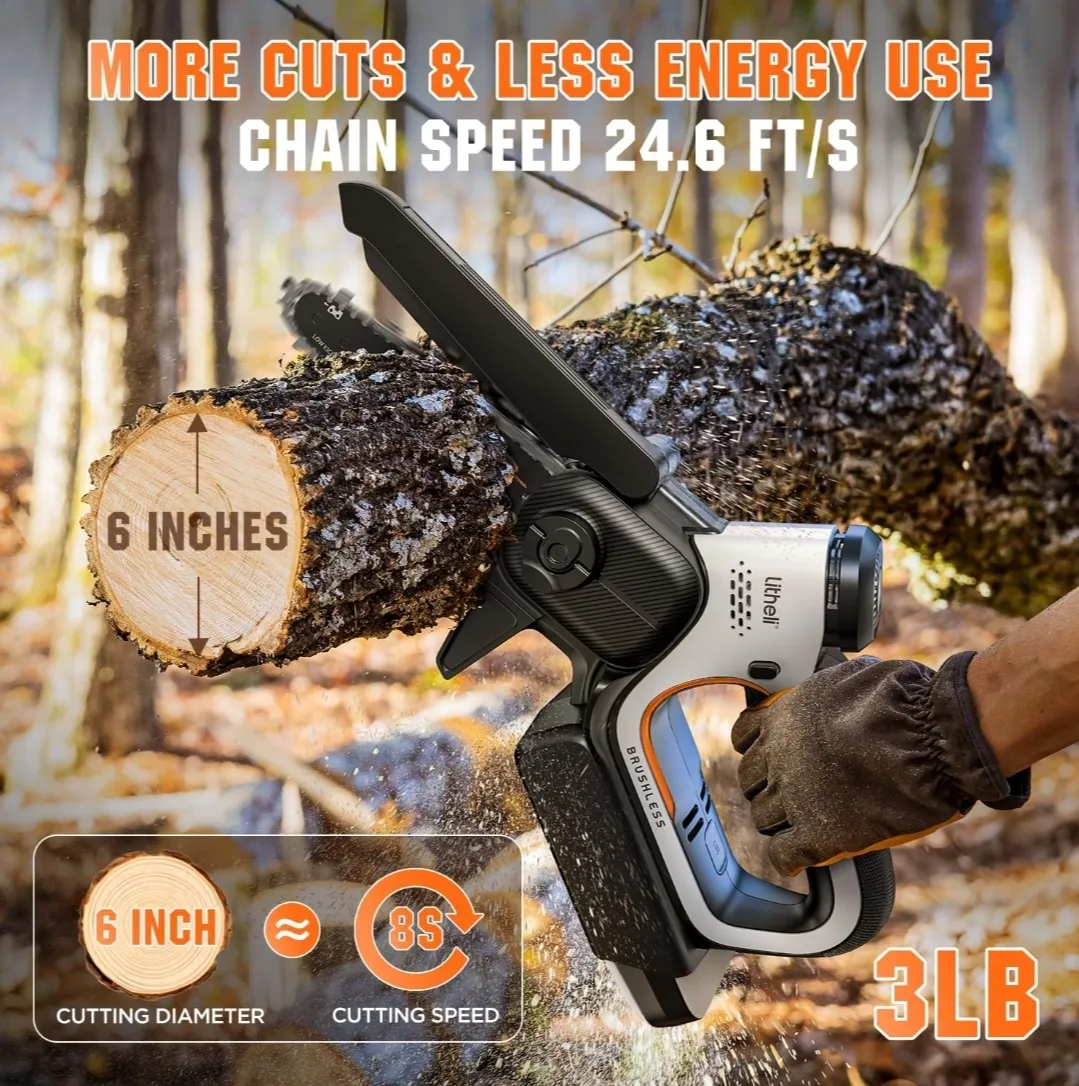Litheli 20V 6" Mini Chainsaw – Brushless, Battery-Powered image indicator(2)