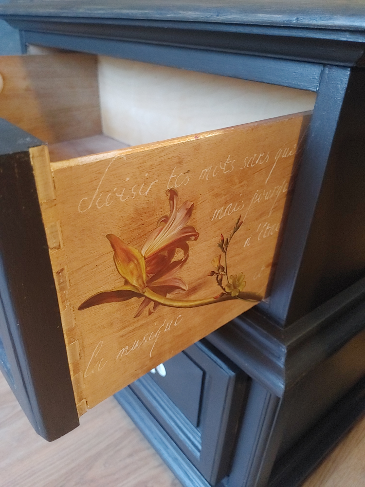 Pair of Vintage Espresso Nightstands with Floral Drawer Liners - photo 5