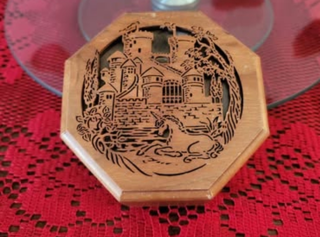 Vintage Laserwood Music Box - Unicorn and Castle Design
